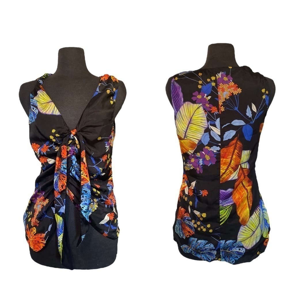 PINKO Franca Twill  front Tie  Floral Tank  Top | Viscose | X Small